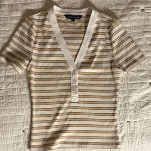 Veronica Beard White and Gold Striped V-Neck Top